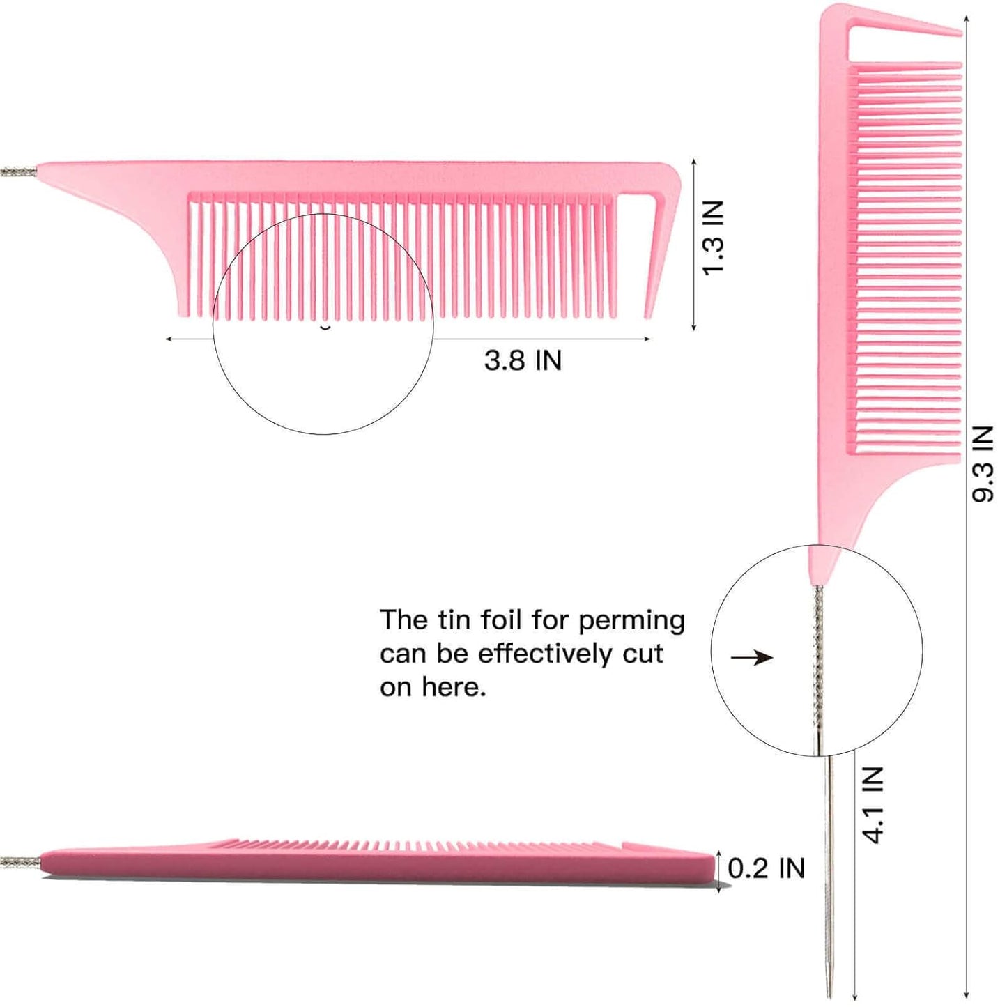 Rat Tail Combs, 3Pcs Parting Combs for Braiding Hair, Nylon Hair Comb Rat Tail Comb Rattail Comb with Stainless Steel Pintail for Sectioning, Parting and Styling (Pink)