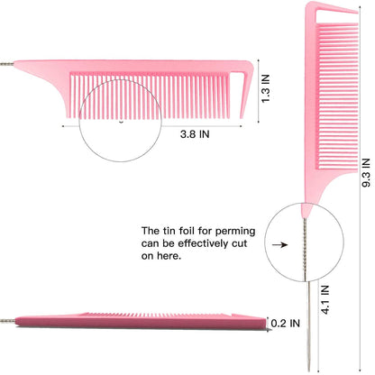 Rat Tail Combs, 3Pcs Parting Combs for Braiding Hair, Nylon Hair Comb Rat Tail Comb Rattail Comb with Stainless Steel Pintail for Sectioning, Parting and Styling (Pink)