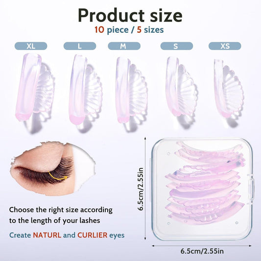 Set of lash lift silicone pads with size options, clear tray display