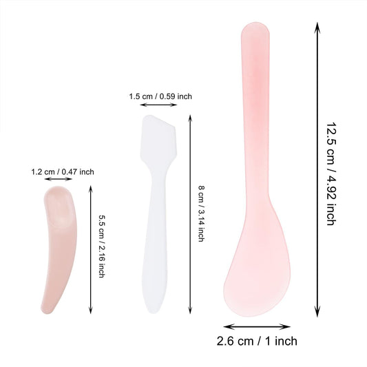 Plastic facial cream scoop size diagram with pink spatula length and width