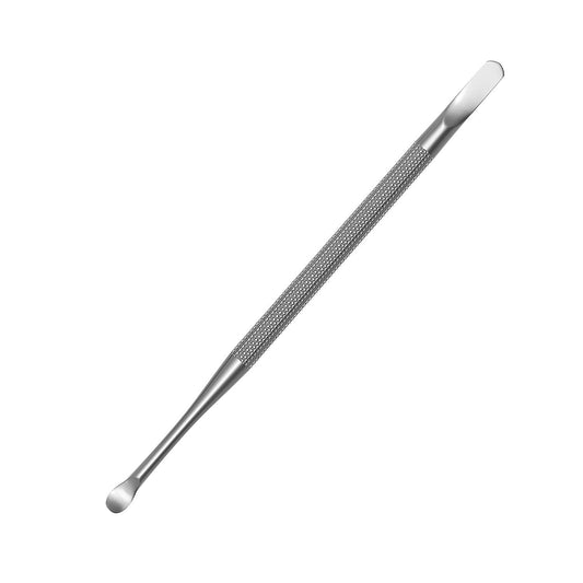 Stainless steel cuticle pusher and nail cleaner with textured grip handle