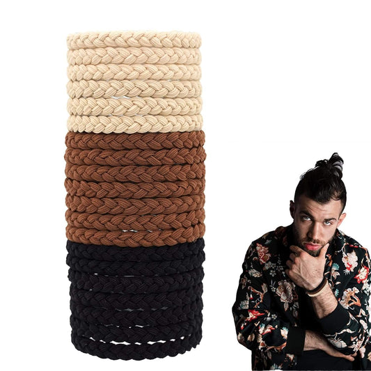 Stacked braided hair ties in cream, brown, and black
