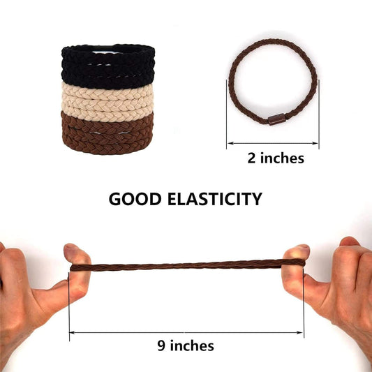 Braided hair tie loops in brown, with black loop beside