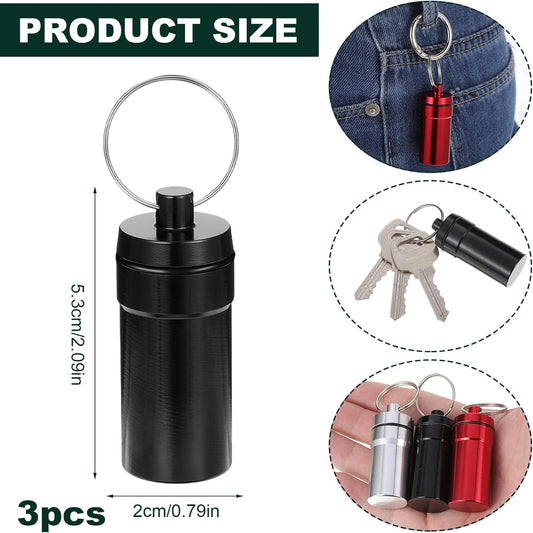 Black mini pill holder keychain, cylindrical aluminum case with key ring
