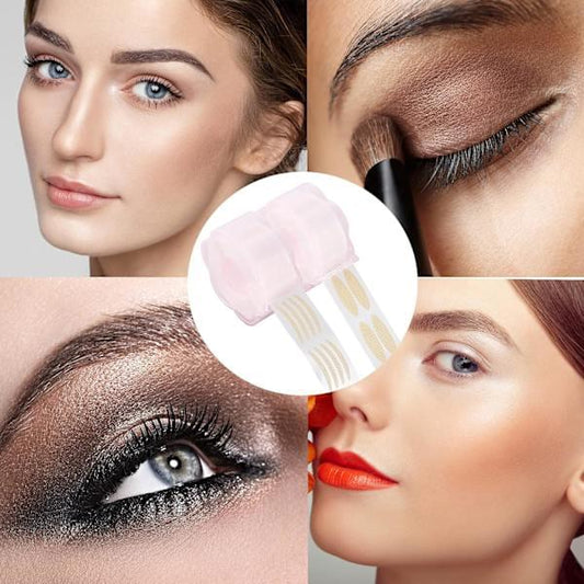 Sheer double eyelid tape strip on eyelid in close-up makeup look
