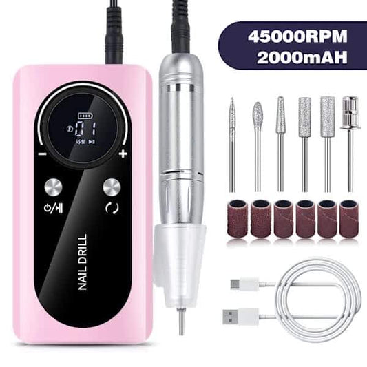 Pink rechargeable electric nail drill with LED display, control buttons, and accessory kit