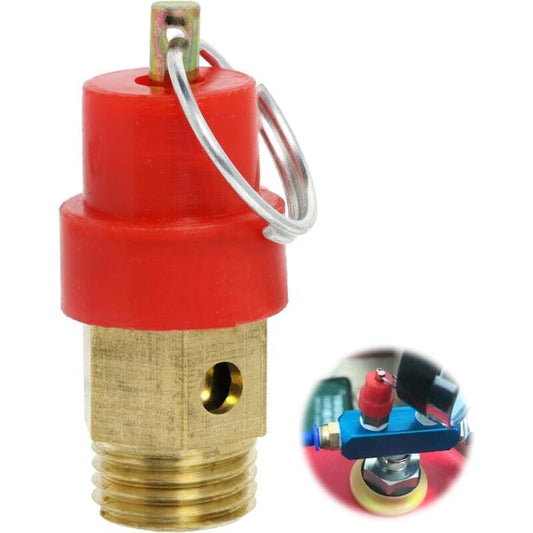 Brass air compressor safety valve with red protective cap and ring pull