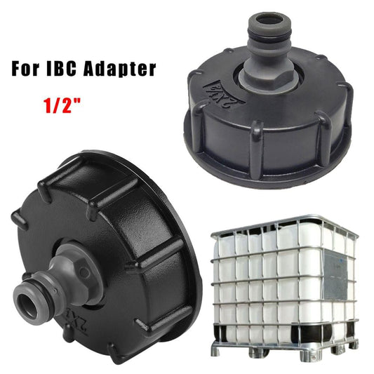 1/2 inch IBC tank adapter connection tap, black plastic with gray inlet nozzle