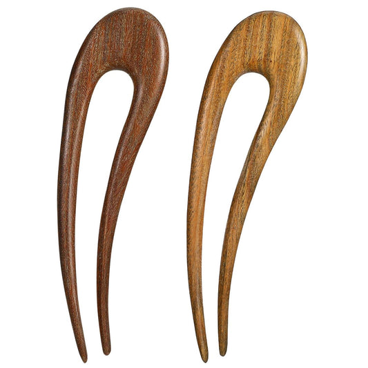 Pair of wooden U-shaped hair fork pins with prongs, dark and light brown wood grain
