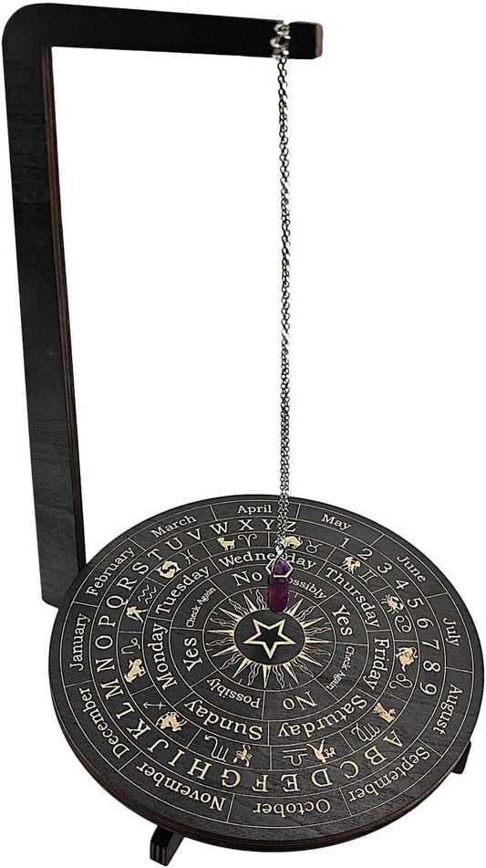 Wood pendulum display stand with round zodiac dial and hanging chain
