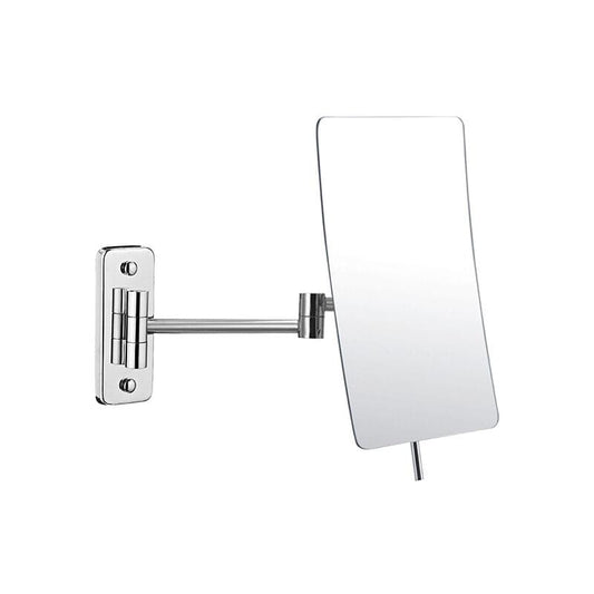 Foldable wall-mounted magnifying mirror with chrome arm and rectangular glass