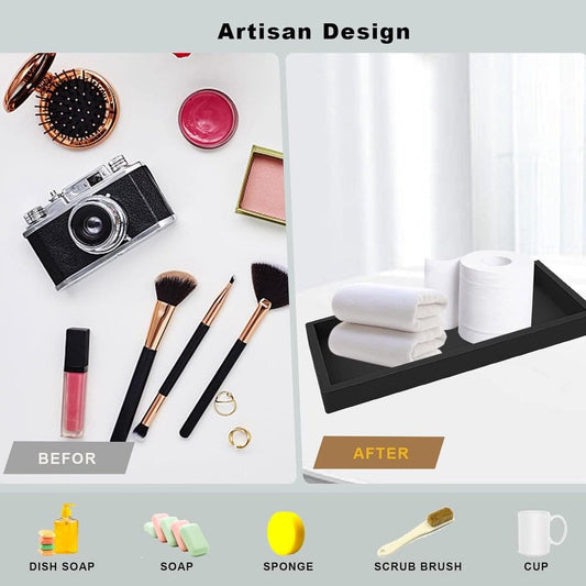 Black dressing table tray holding folded towels and a roll of paper.