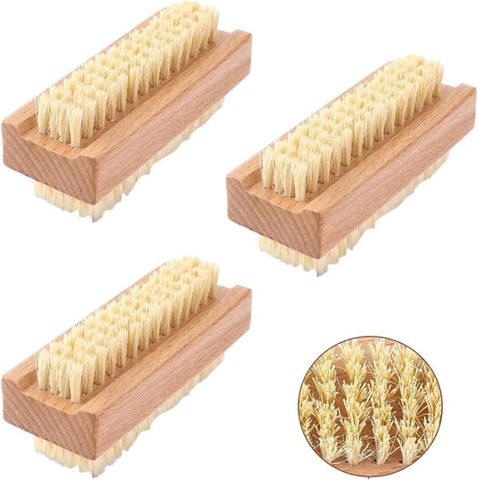 Double-sided nail cleaning brush with wooden handle and light yellow bristles