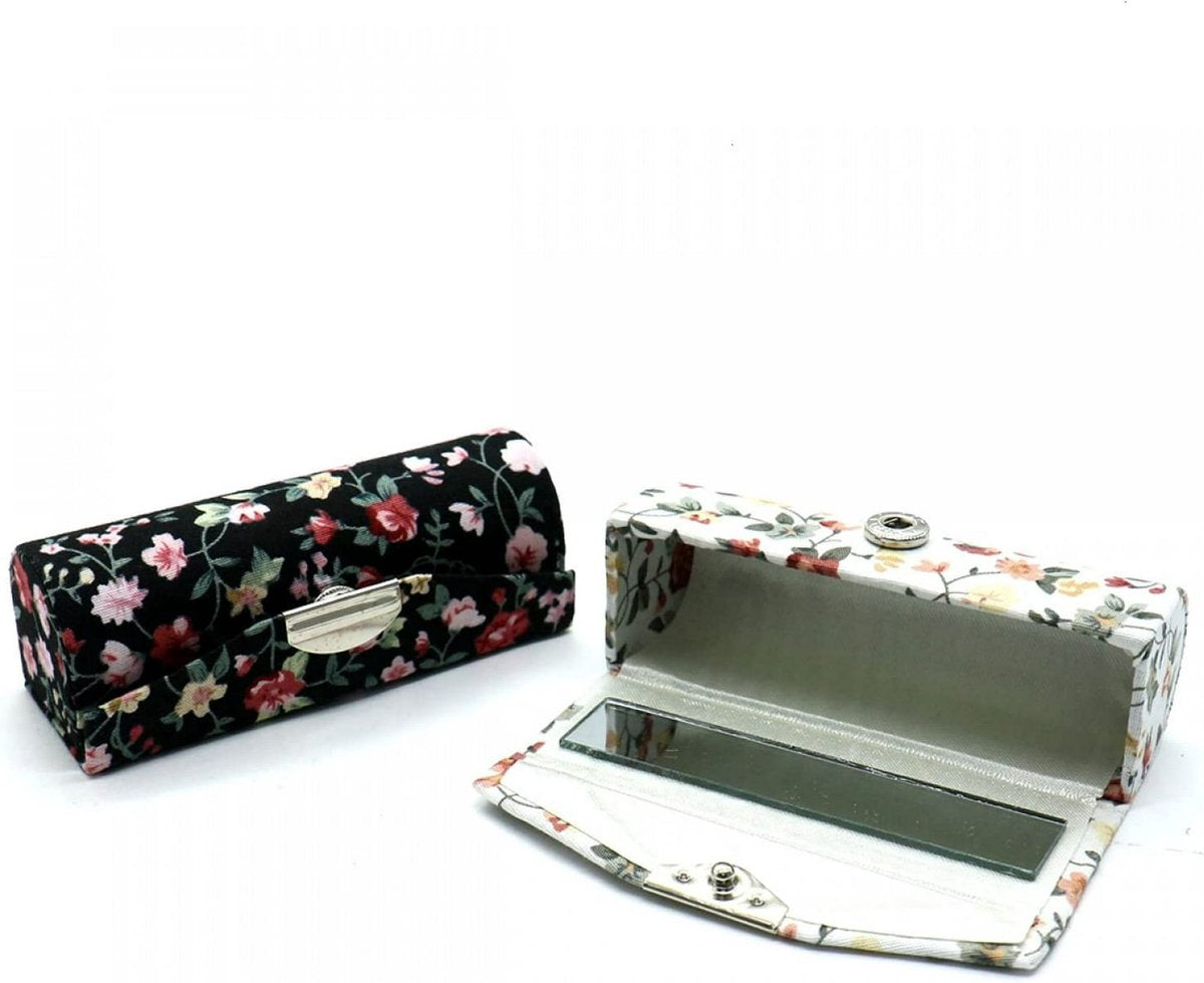 Organizer - Set of 4 Women's Lipstick Cases with Floral Motif and Mirror - Makeup Storage Set, Cosmetic Travel Bag and Organizer