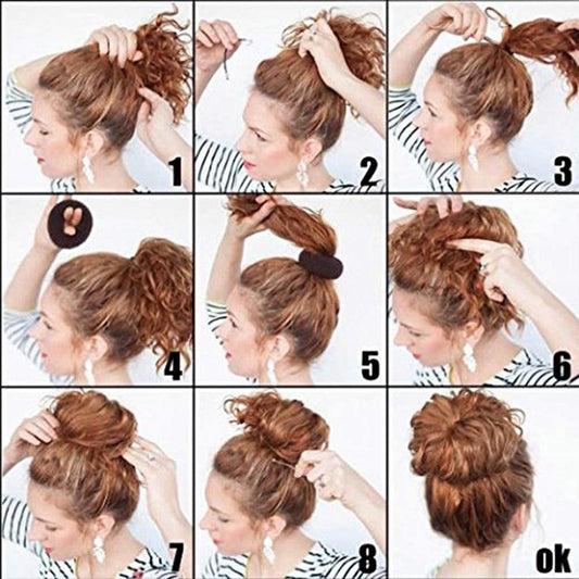 Brown loop scrunchies on hairstyle, shown in multiple hair-tying positions