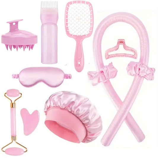 Pink heatless hair roller set with satin sleep cap, clips, and comb tools