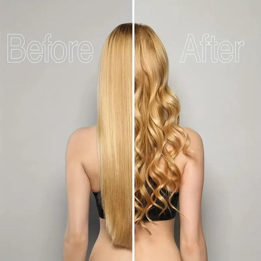 Long blonde hair with heatless curls, split view of straight and wavy sections