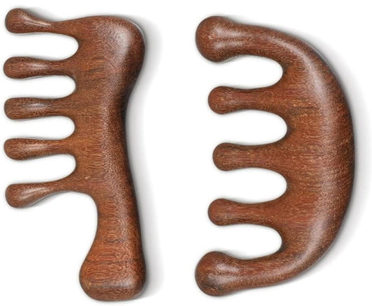 Wooden wide-tooth scalp massage comb set, curved ends, medium-brown finish