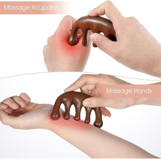 Wooden wide-tooth scalp massage combs held by hands, curved massage tines