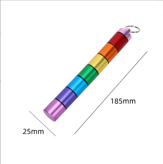 Rainbow cylindrical pill holder with screw cap and metal keyring