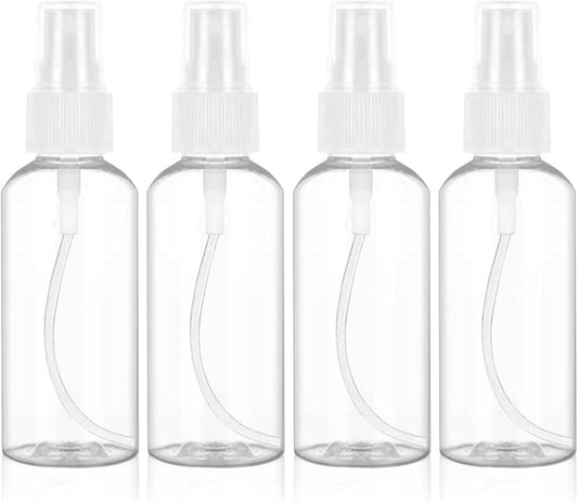 Refillable plastic spray bottles, four-pack with white mist nozzles
