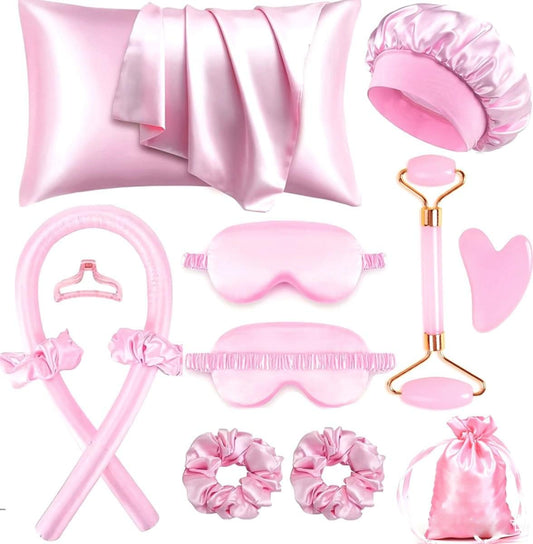 Pink satin heatless hair curler set with sleep cap, clips, rollers, and scrunchies