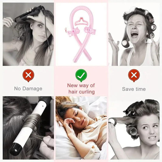 Pink heatless curling tools set with rollers and clips, shown in use collage
