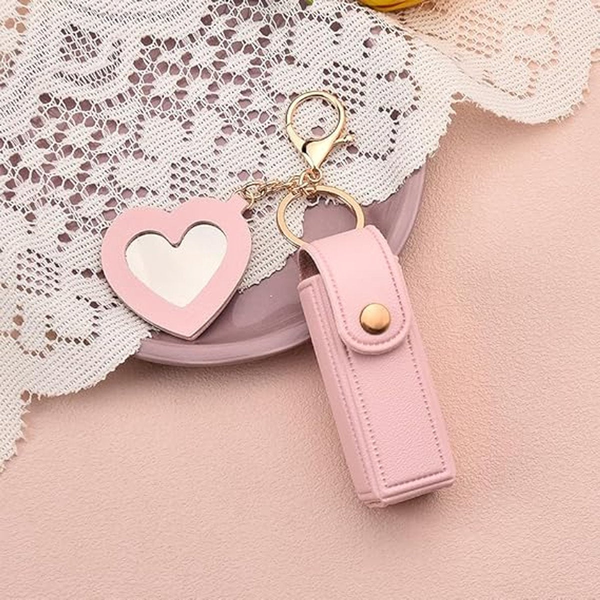 Lipstick Holder - with Mirror - Storage Box - Key Ring - Suitable for Car Keys, Lipstick Organizer (Pink)