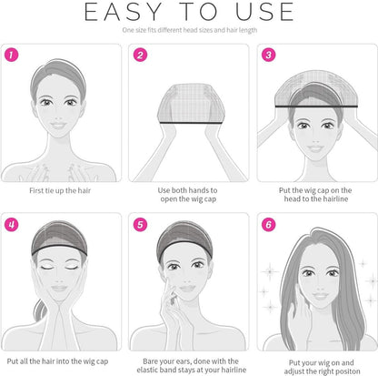 Wig cap sizing and use diagram showing six steps