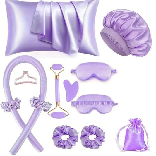Heatless curling hair roller set with purple satin sleep cap and curl accessories