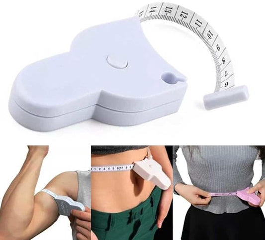 White retractable measuring tape with push lever and curved tape housing