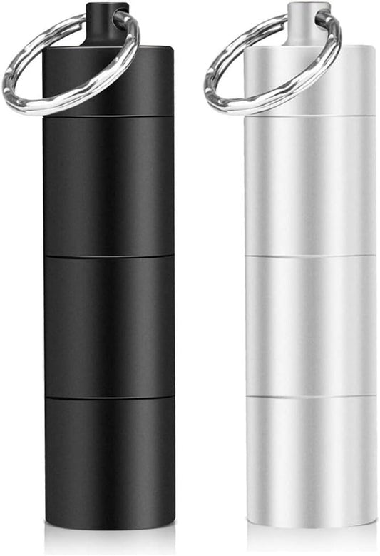 Black metal pill dispenser keychain cylinder with key ring