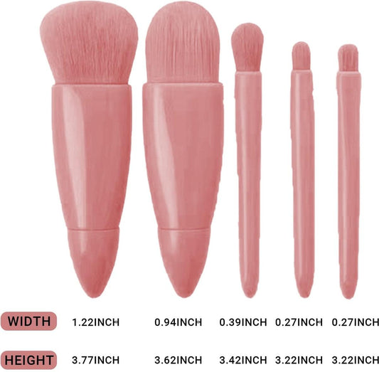 Five pink makeup brushes with rose-pink handles, varying sizes