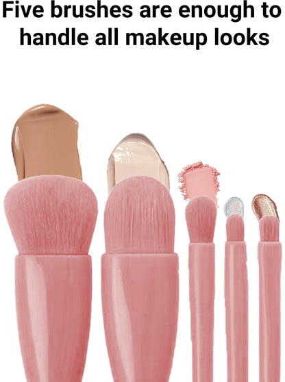Makeup Brush Set - 5-Pack - Portable - Travel Makeup Brush Set with Mirror Case - Professional Foundation Brush, Eyeshadow Brush, and Blending Brush for Women - Lotus Pink