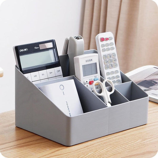 Square makeup organizer box with divided compartments, light gray, upright on desk