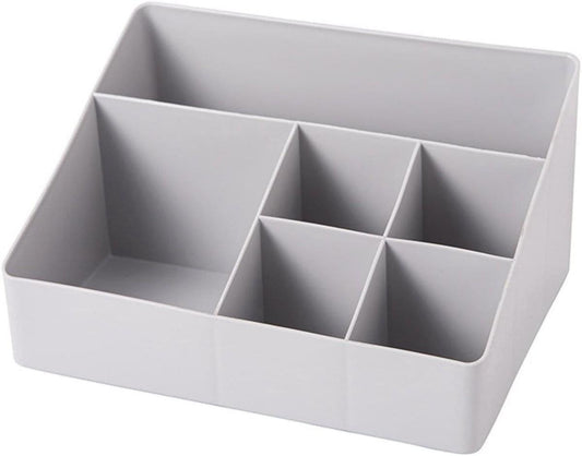 Thick square makeup storage box with multiple grid compartments, light gray, open top