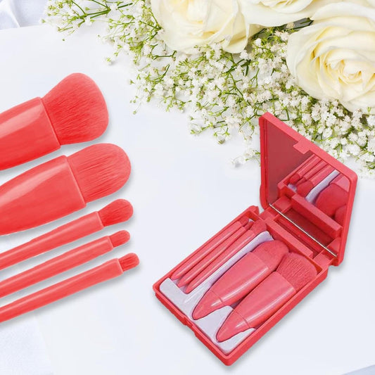 Pink makeup brush set (5-pack) with coral handles and soft bristles