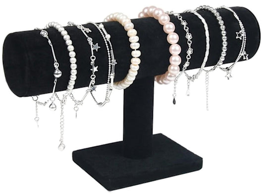 Black T-shaped bracelet and watch display stand with velvet jewelry holder