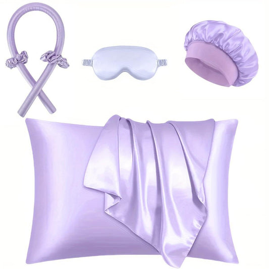 Purple heat-free curling set with satin rollers, bow headband and curling cap