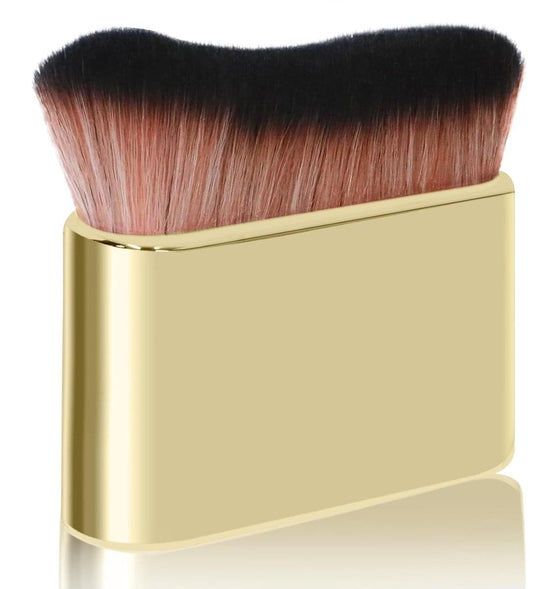 Gold portable foundation makeup brush with dark bristles and beige case