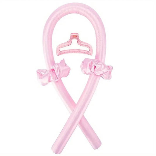Pink heat-free hair curling rods with two scrunchies and U-shaped handle