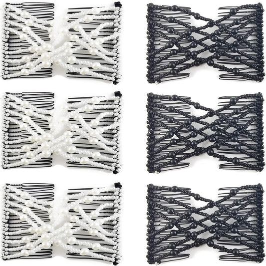 Pearl hair comb set with white and dark beaded clips, rows of metal teeth