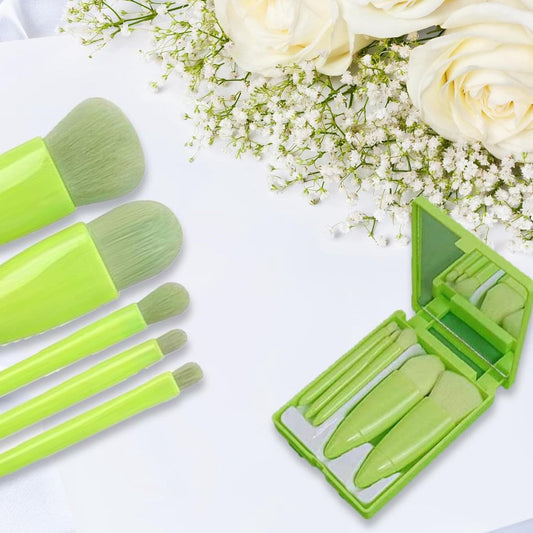 Green makeup brush set with 5 brushes in a hinged travel case