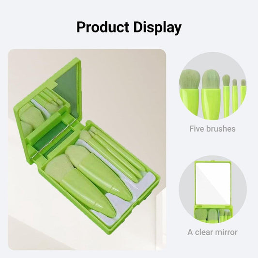 Green makeup brush set opened in a compact case with five brushes and mirror