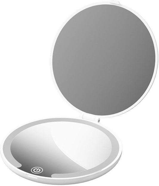 Round white mini makeup mirror with lighted ring, open flip cover
