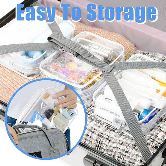 Transparent makeup organizer with grey zipper straps and compartments, folded for storage