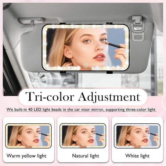 LED lighted car sun visor mirror mounted in car interior, rectangular display window