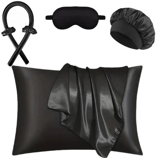 Black satin heatless curling hair roller set with clips and sleep cap