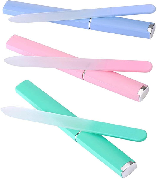 3-pack glass nail files with pastel blue, pink, and teal straight file bodies