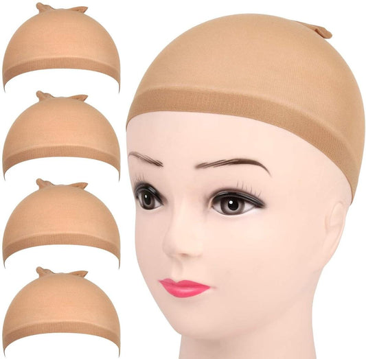 Elastic wig cap set in light brown with scalloped crown, stretch knit